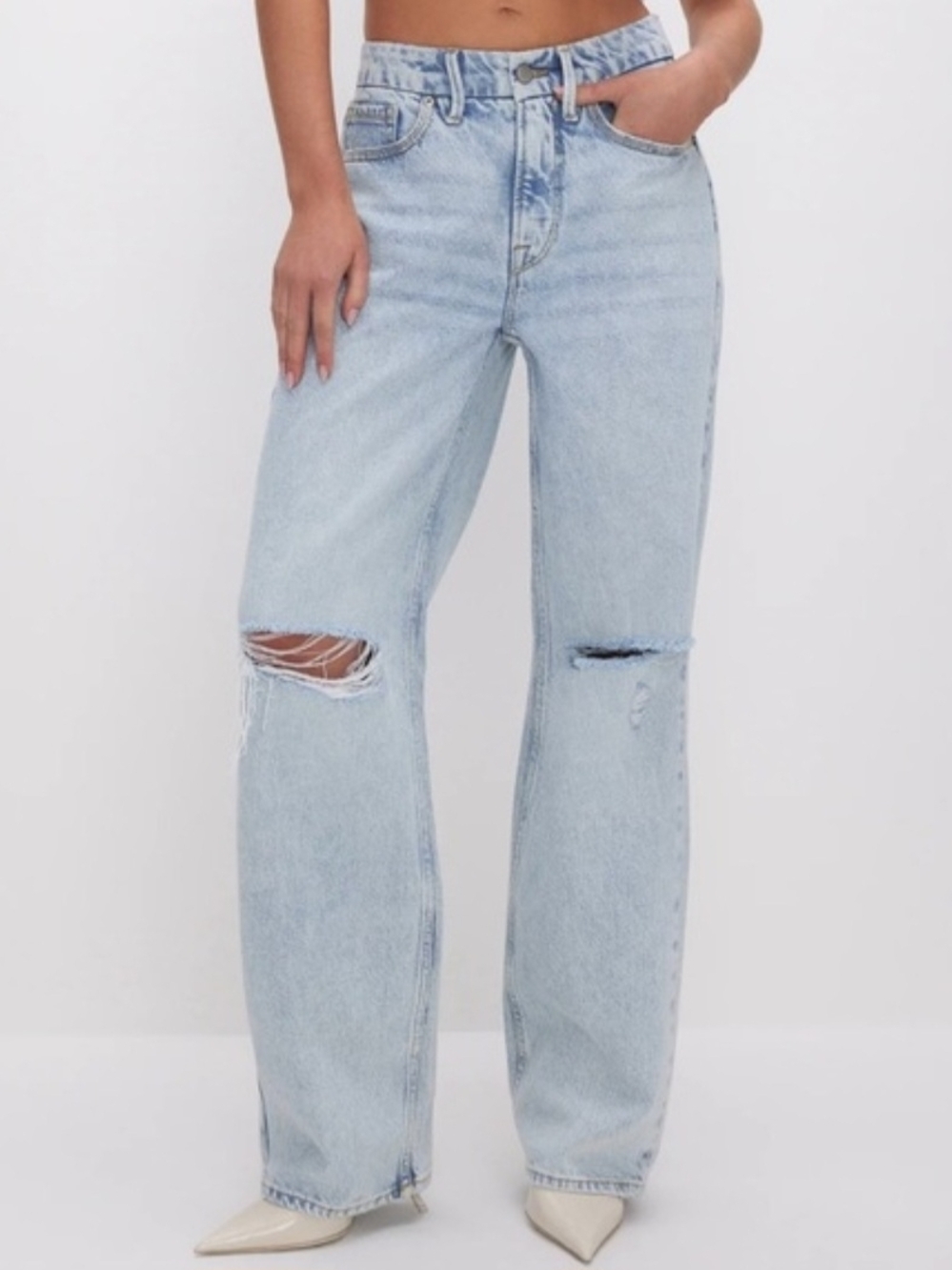 Good American Good 90s Jeans Size 00/24 Distressed Straight Light Wash Blue542